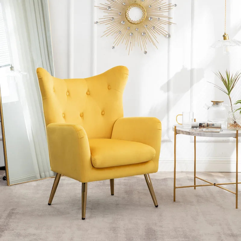 Yellow 30.25 Velvet Button Tufted Accent Chair with Gold Legs
