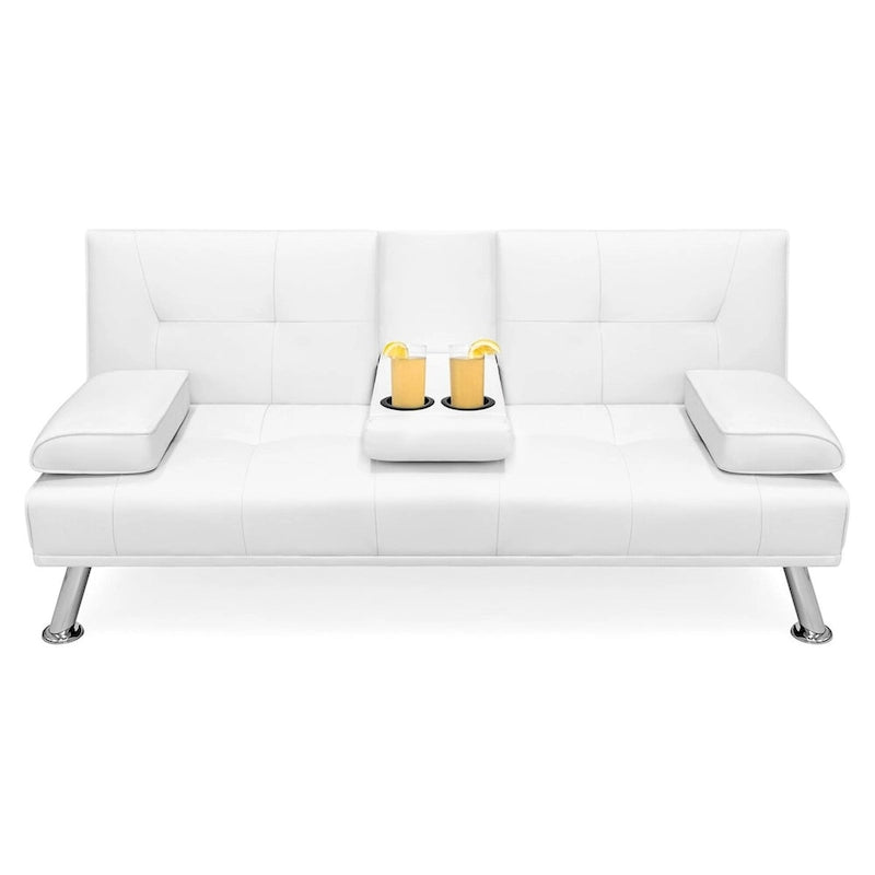 White Faux Leather Convertible Sofa Futon with 2 Cup Holders