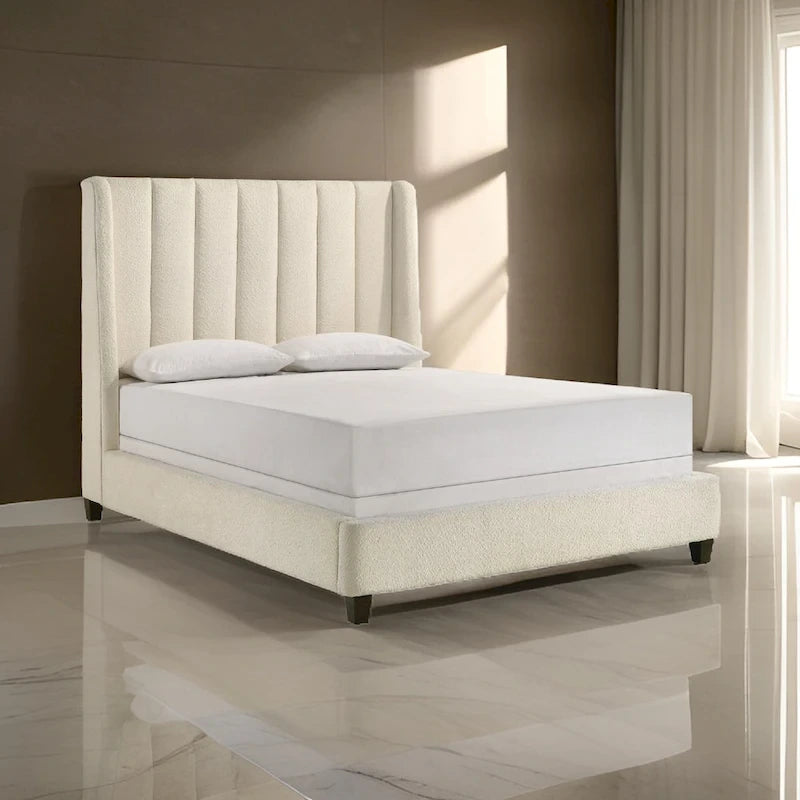 Aegis Queen Size Bed, Wingback, Channel Tufted, Cream Beige Upholstery