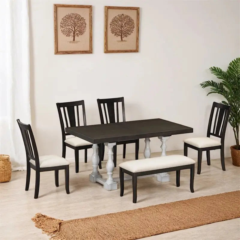 6-Piece 78 Trestle Extendable Dining Table Set w/Dining Chairs &Bench
