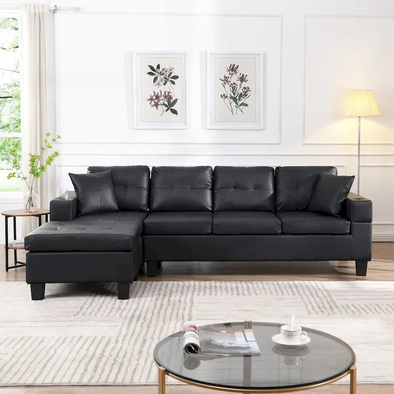 Black 96.06 Modern L-Shaped 4 Seater Sectional Sofa with Chaise Lounge, Cup Holders, and Throw Pillows
