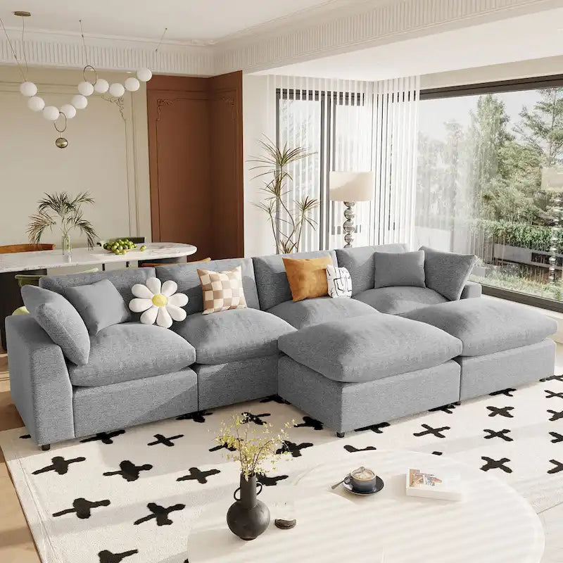 134.40 Modern U-Shaped 6 Seater Sectional Sofa with 2 Large Chaises, Removable Ottomans and Soft Cushions