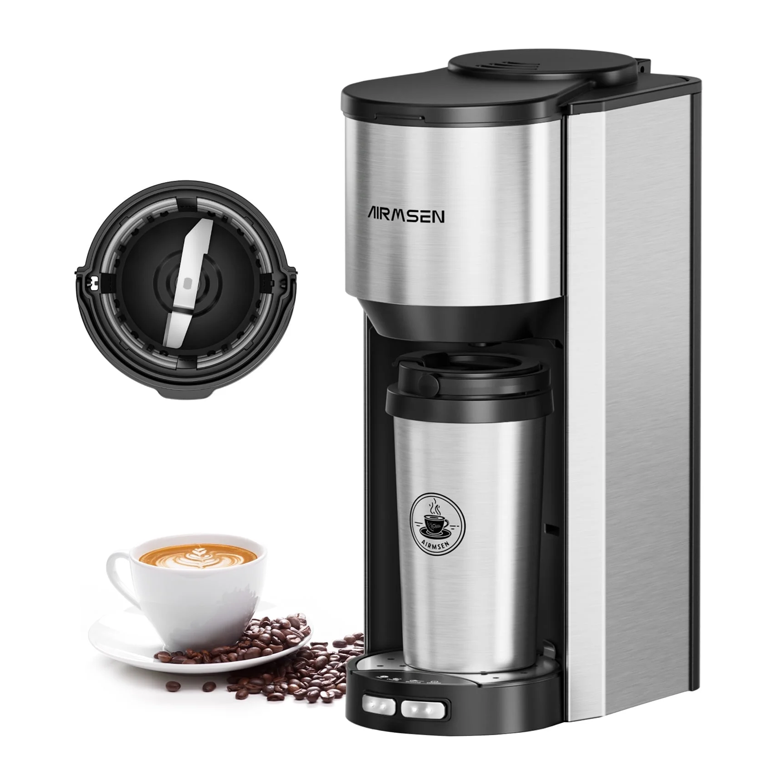 Cafetière individuelle avec broyeur intégré - Café en grains et moulu inclus - Mug de voyage inclus