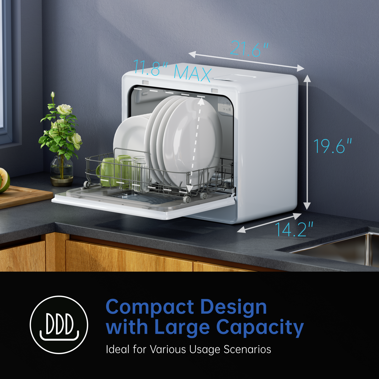 5-Place Settings Portable Countertop Dishwasher with 5L Built-in Water Tank, Ultra-Slim Dishwasher Upgrade 3 Spray Arms