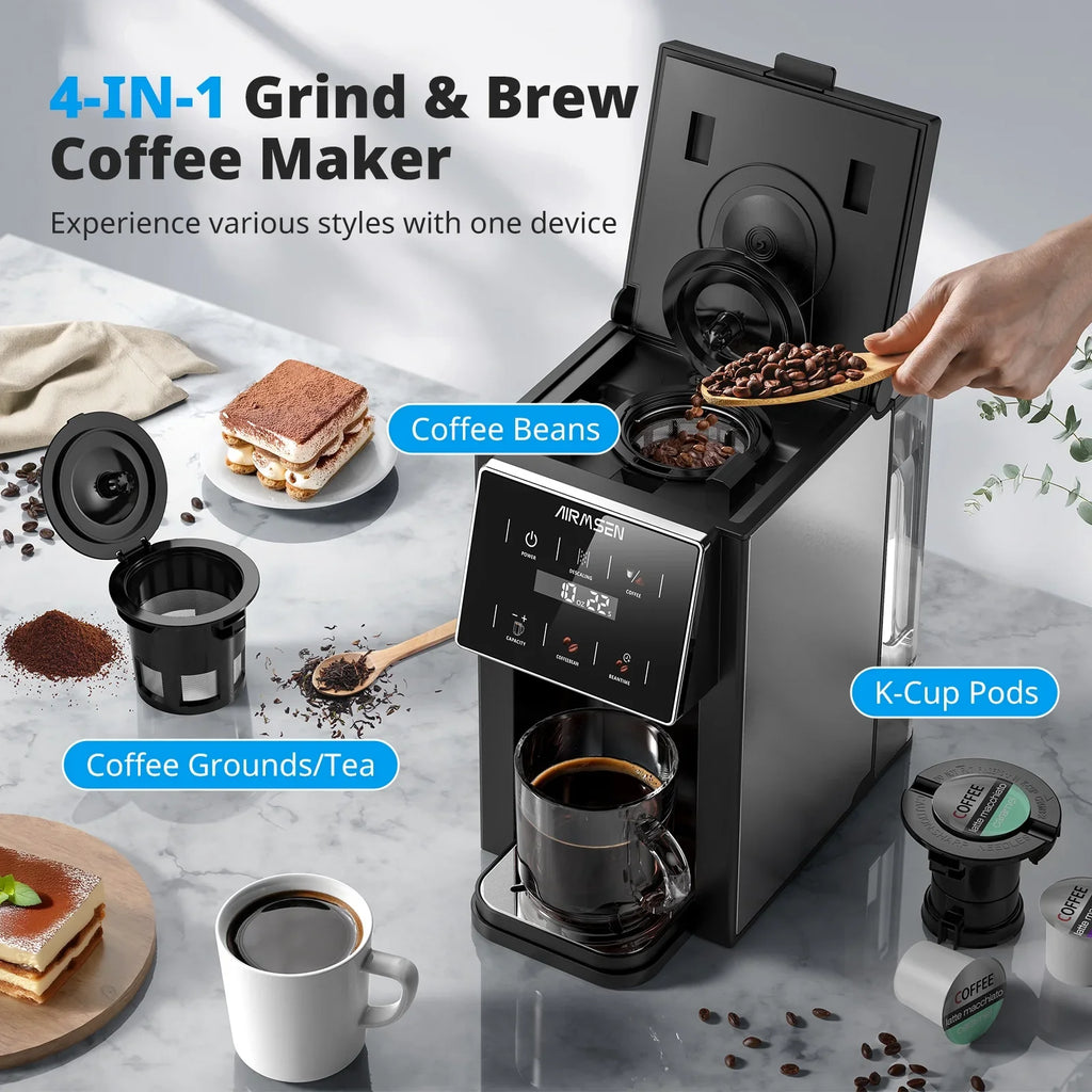 Single Serve Coffee Maker with Grinder - Grinder for K Pods, Ground Coffee, Teas