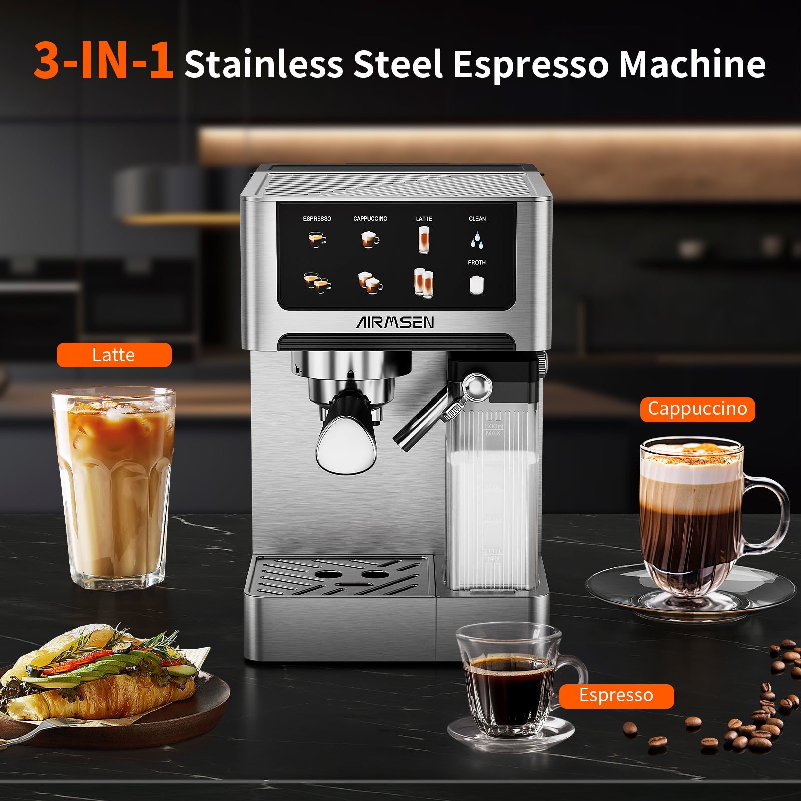 Machine à expresso avec écran tactile couleur, machine à cappuccino latte 20 bars avec mousseur à lait automatique