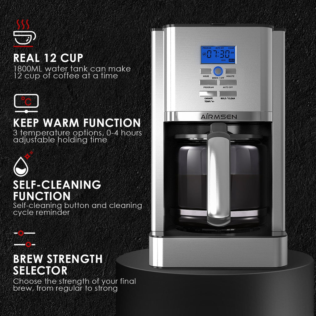 Drip Coffee Maker - 12 Cups Programmable, Stainless Steel