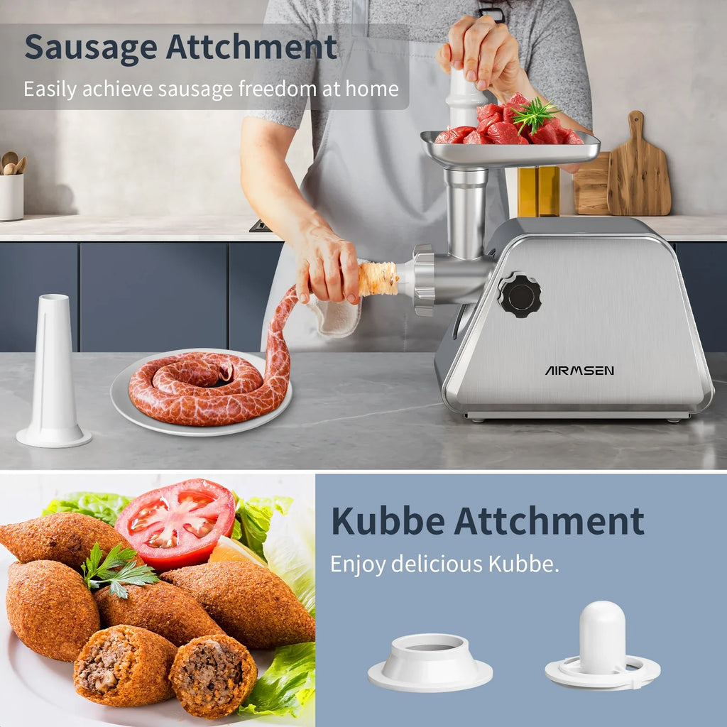 Stainless Steel Meat Grinder, Electric 3 in 1 Meat Mincer with 2 Blades & 3 Plates, Sausage & Kubbe Maker Kit
