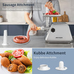 Stainless Steel Meat Grinder, Electric 3 in 1 Meat Mincer with 2 Blades & 3 Plates, Sausage & Kubbe Maker Kit