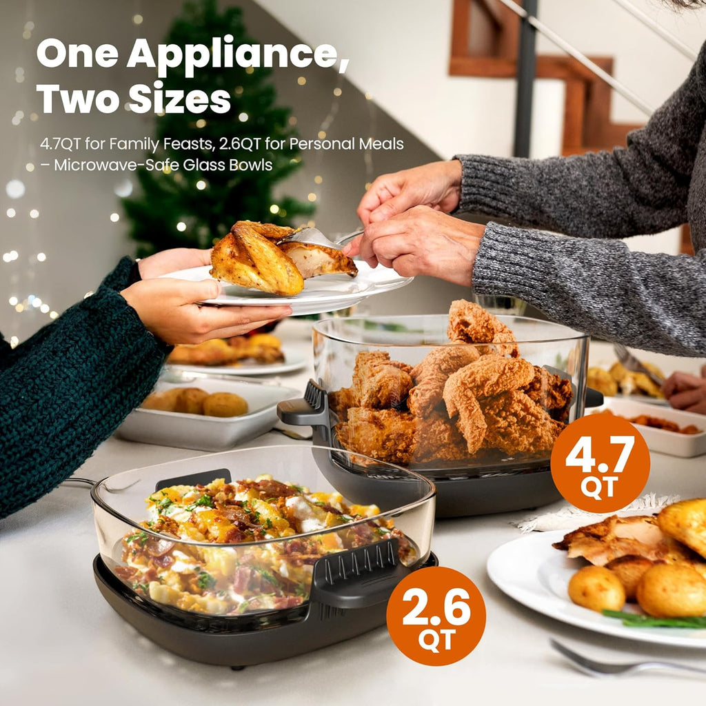 5-in-1 Portable Glass Air Fryer, 2.6QT & 4.7QT Dual Glass Containers with Lids