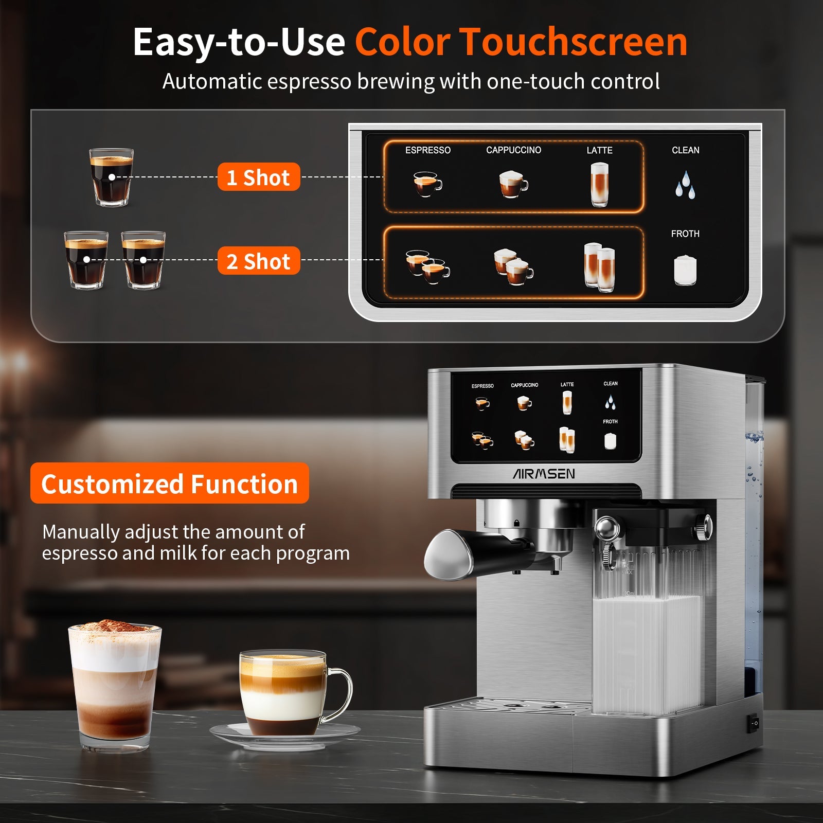 Machine à expresso avec écran tactile couleur, machine à cappuccino latte 20 bars avec mousseur à lait automatique