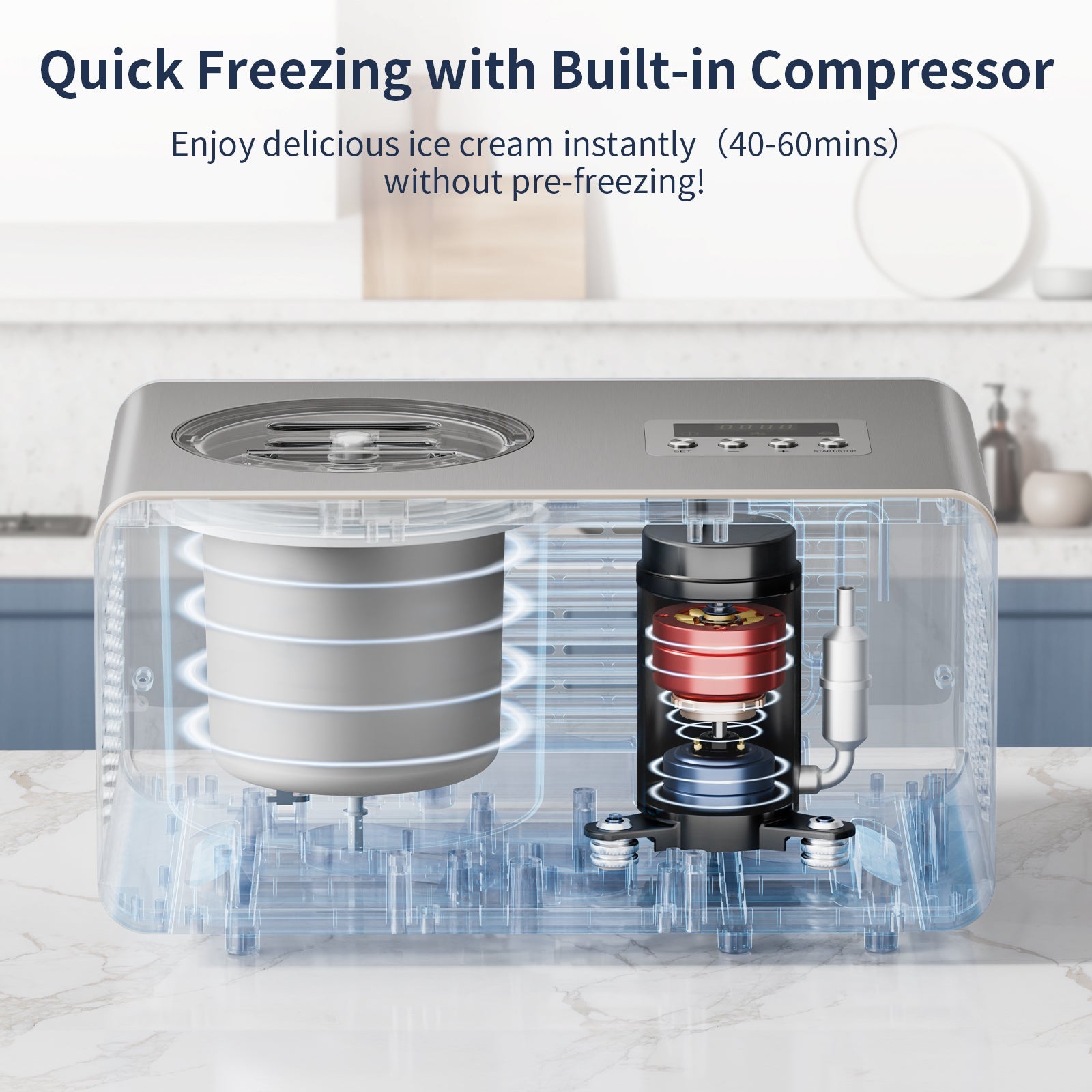 2.1 Qt Ice Cream Maker with Compressor, No Pre-freezing, LED Screen and Timer