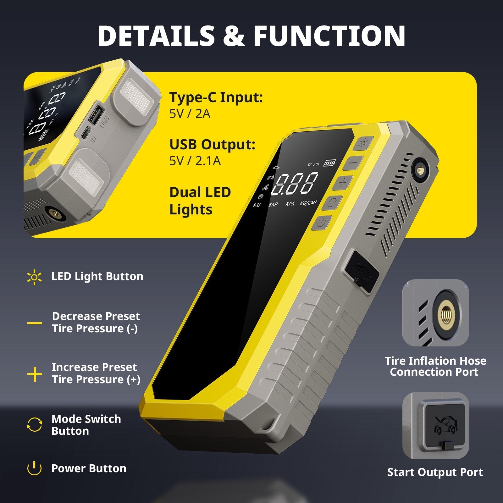 4500A Car Jump Starter with 190PSI Air Compressor, 88Wh Lithium Battery