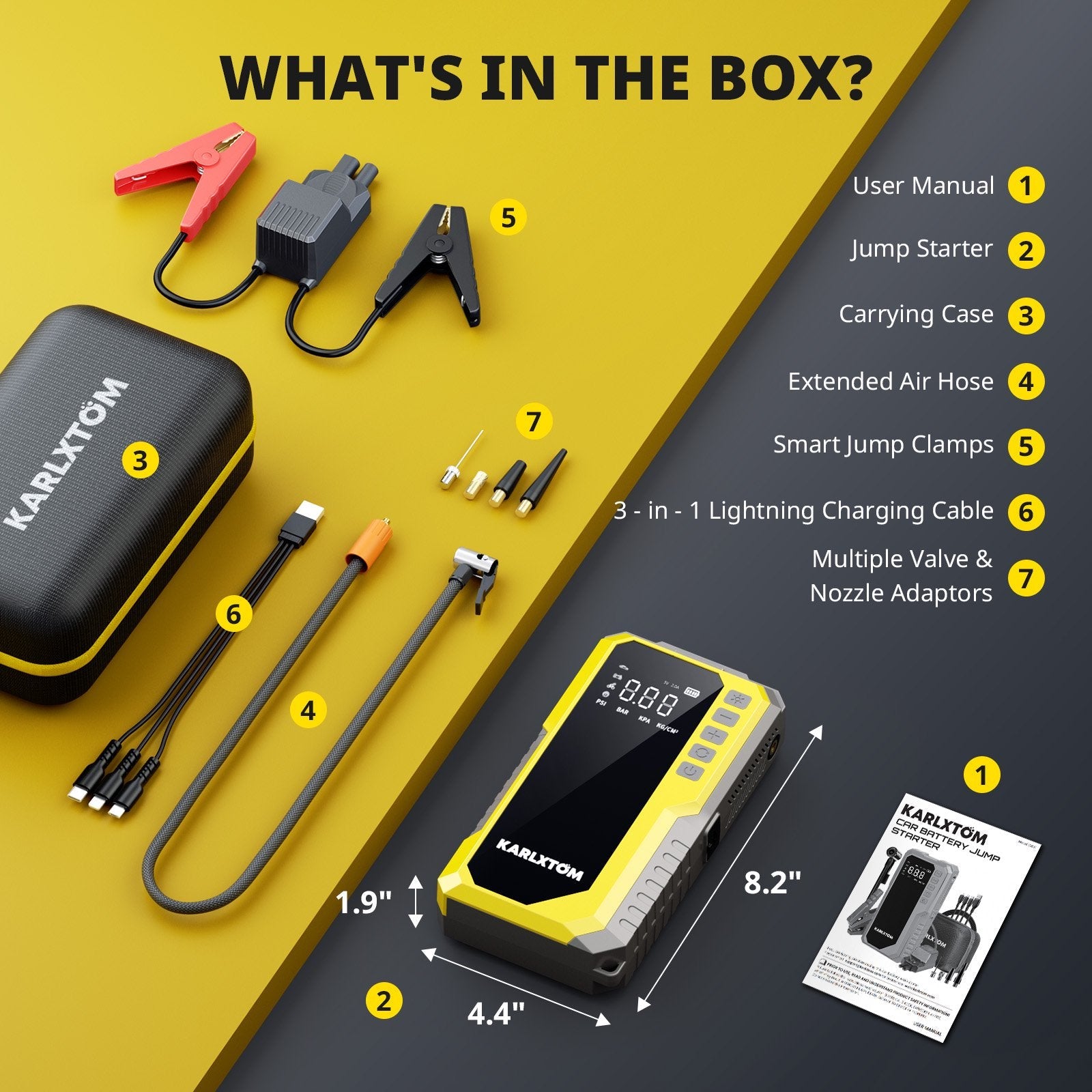 4500A Car Jump Starter with 190PSI Air Compressor, 88Wh Lithium Battery