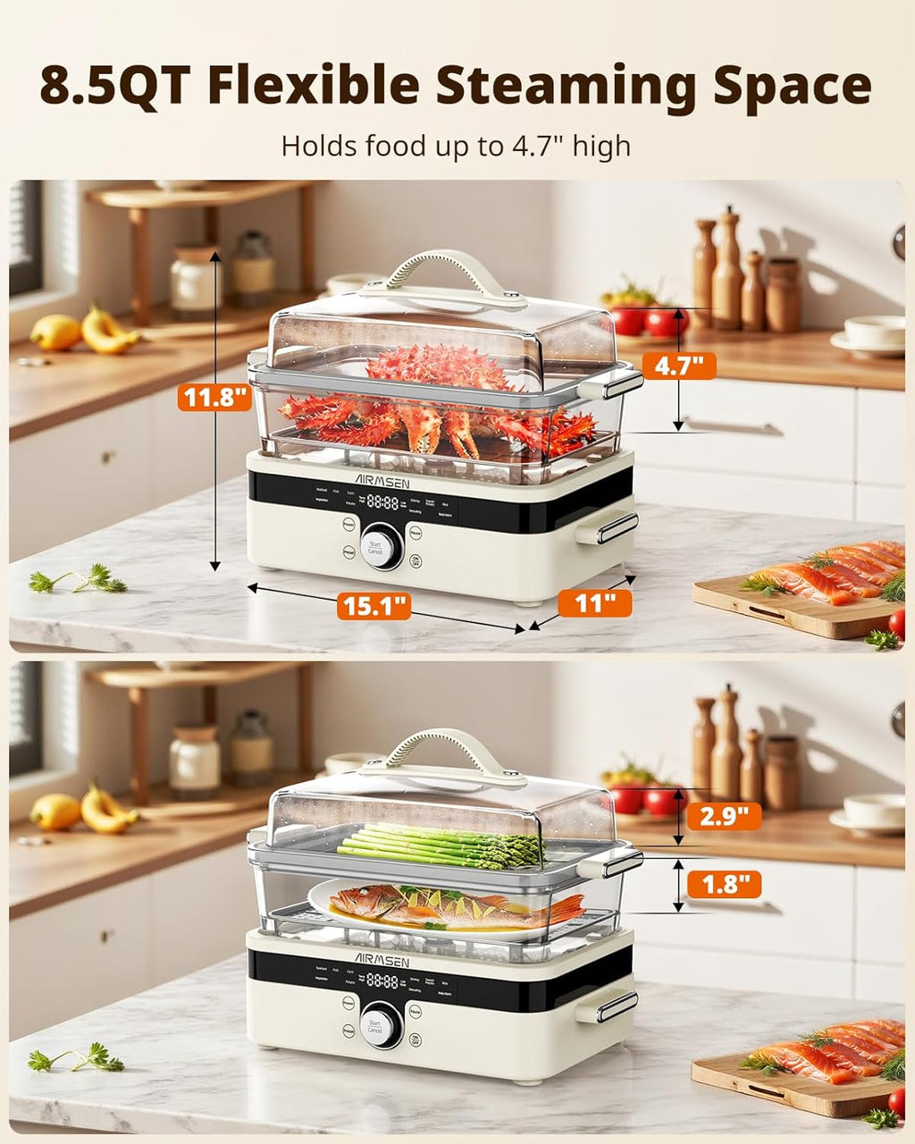 Glass Food Steamer for Cooking - 8.5QT Vegetable Steamer