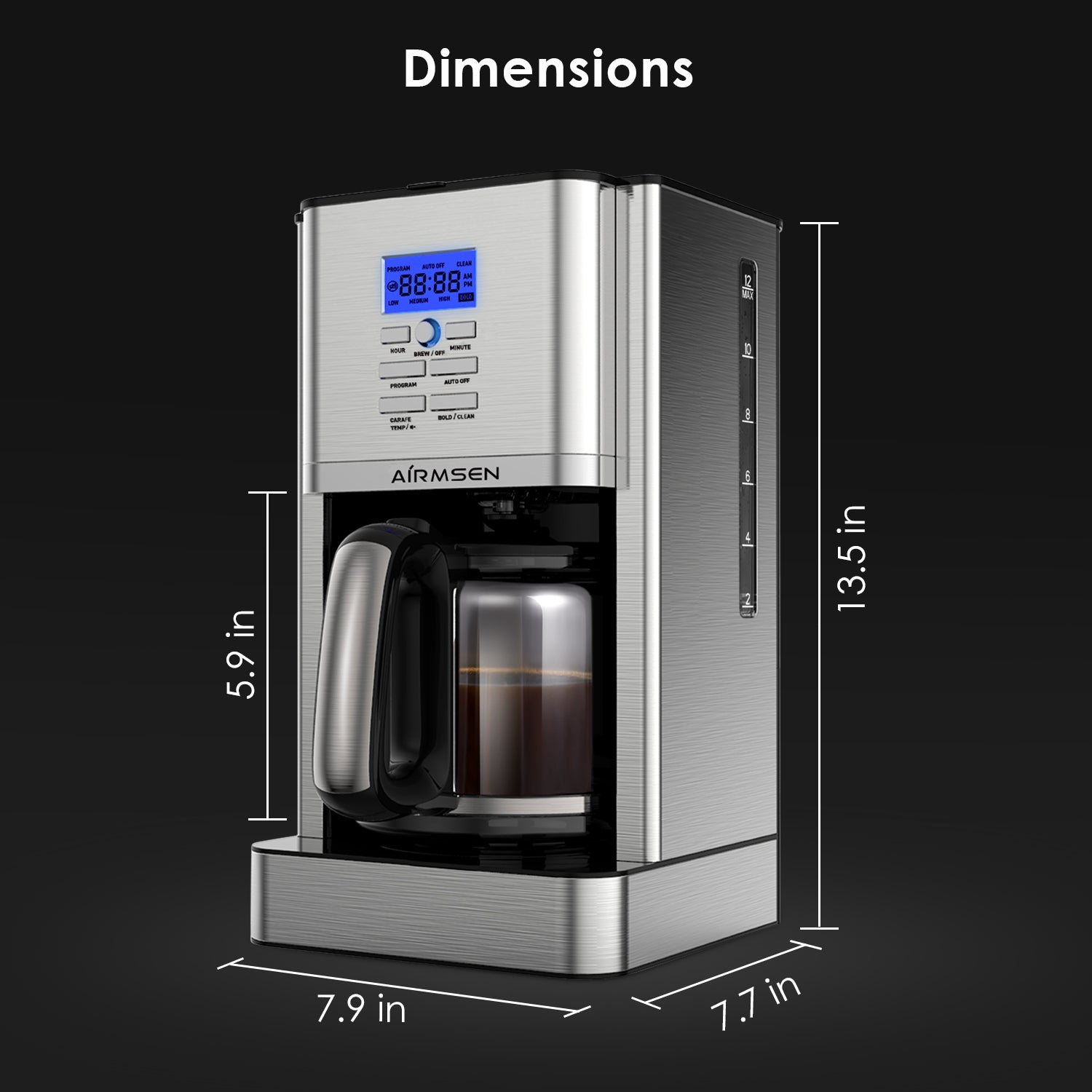 Drip Coffee Maker - 12 Cups Programmable, Stainless Steel