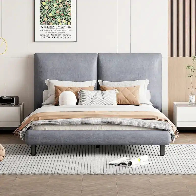 Upholstered Platform Bed with Two Large Headrests and Thick Fabric
