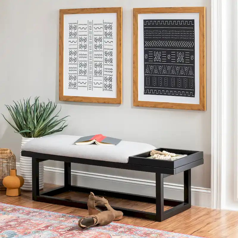 Aliza Grey Upholstered Solid Wood Bench with Tray