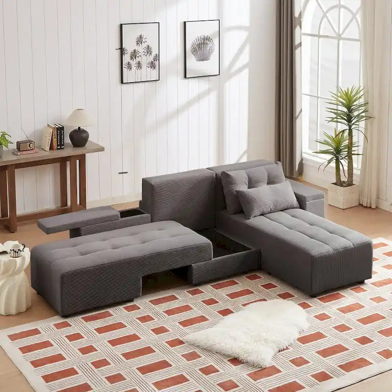 Modular Corduroy Sleeper Sofa & Sectional Set,Grey, 3-in-1 Design