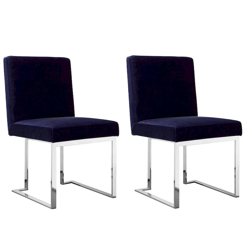 Boly 19 Inch Dining Chair, Set of 2, Navy Blue Velvet, Foam, Chrome Steel