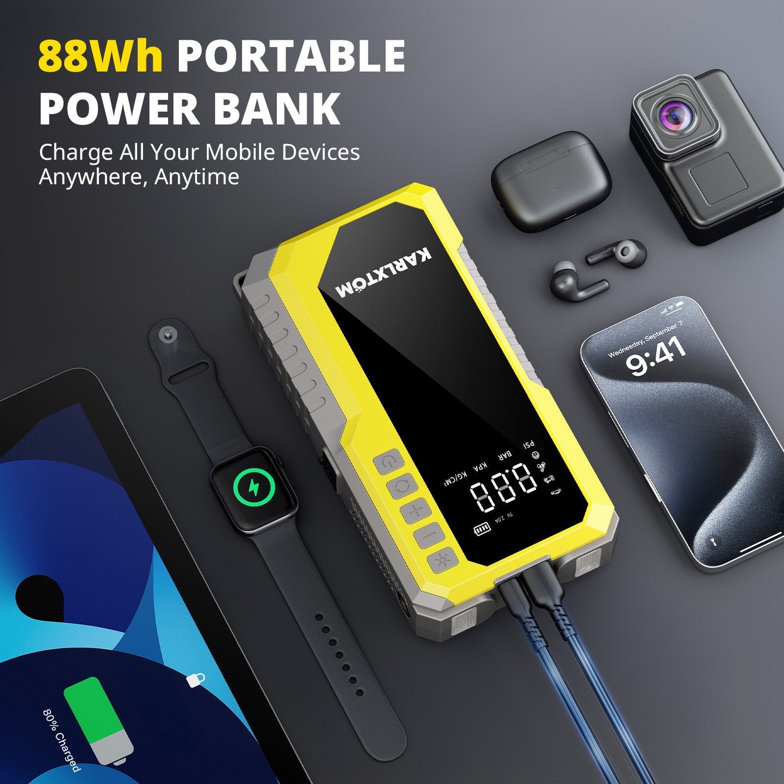 4500A Car Jump Starter with 190PSI Air Compressor, 88Wh Lithium Battery