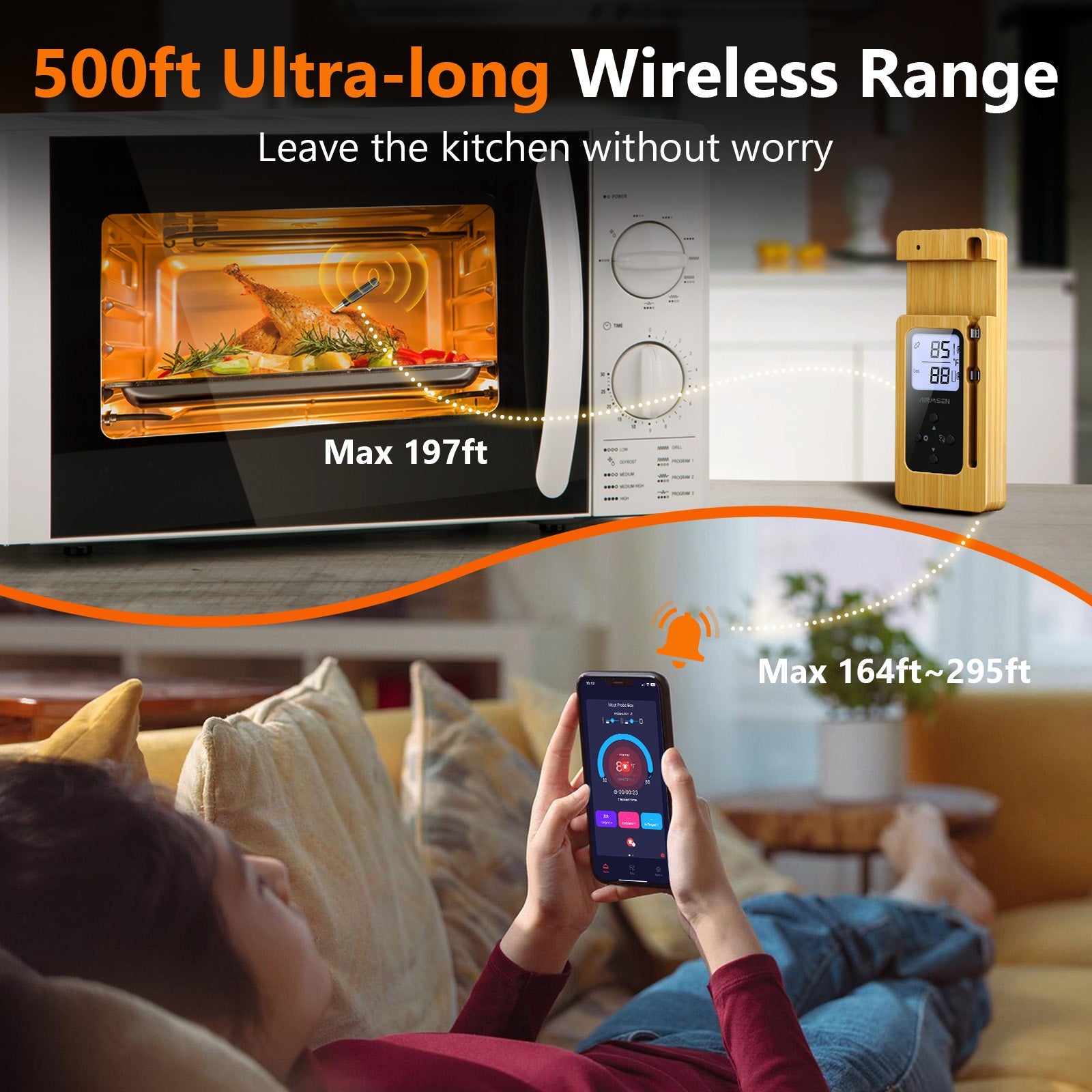 500Ft Wireless Meat Thermometer with LCD Display Base, APP Control