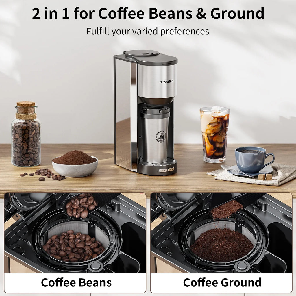 Single Serve Coffee Maker with Grinder - Beans & Ground Include Travel Mug
