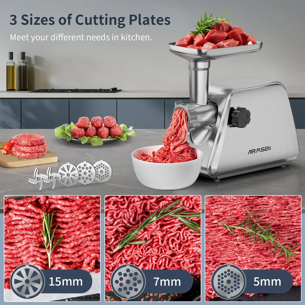 Stainless Steel Meat Grinder, Electric 3 in 1 Meat Mincer with 2 Blades & 3 Plates, Sausage & Kubbe Maker Kit