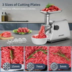 Stainless Steel Meat Grinder, Electric 3 in 1 Meat Mincer with 2 Blades & 3 Plates, Sausage & Kubbe Maker Kit