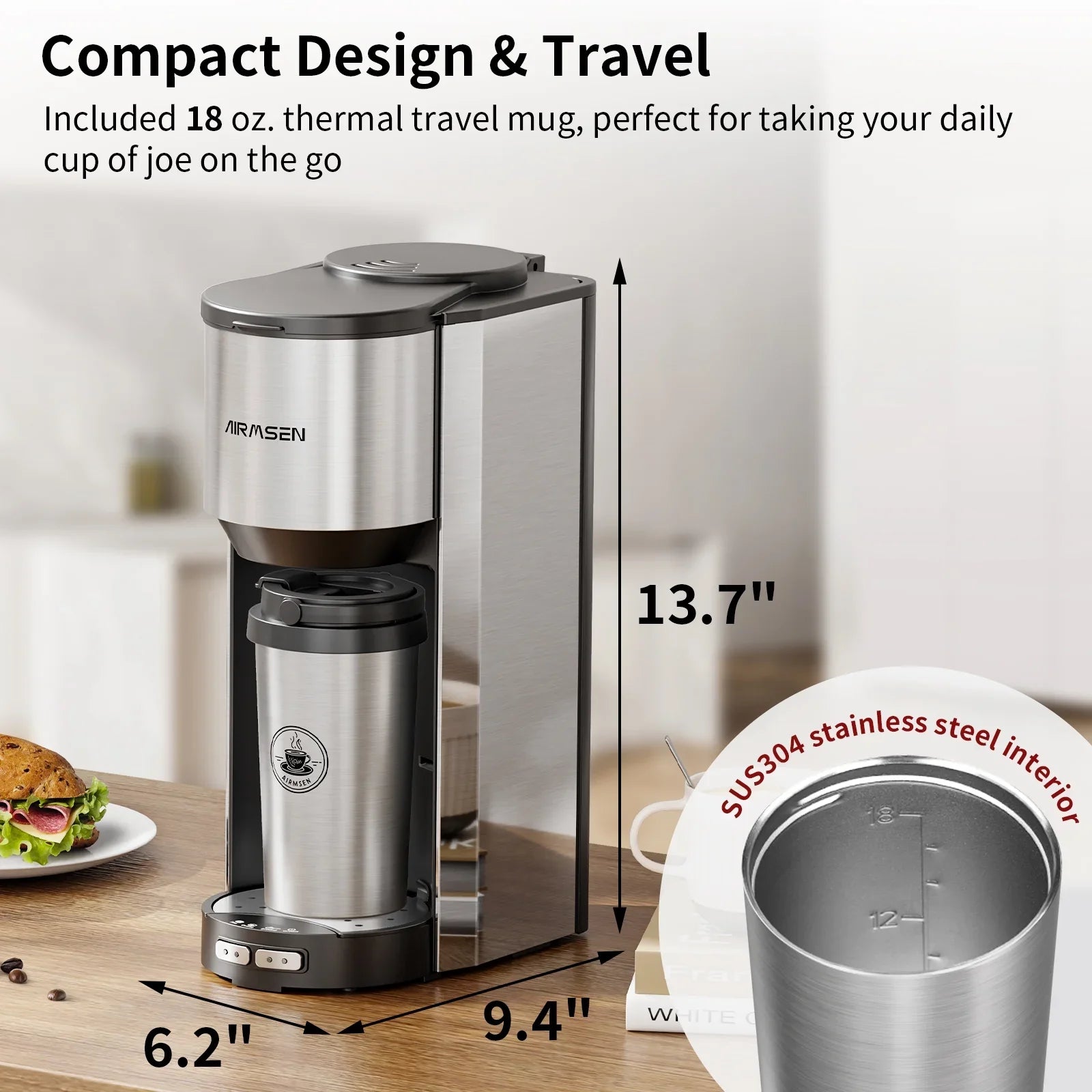 Cafetière individuelle avec broyeur intégré - Café en grains et moulu inclus - Mug de voyage inclus